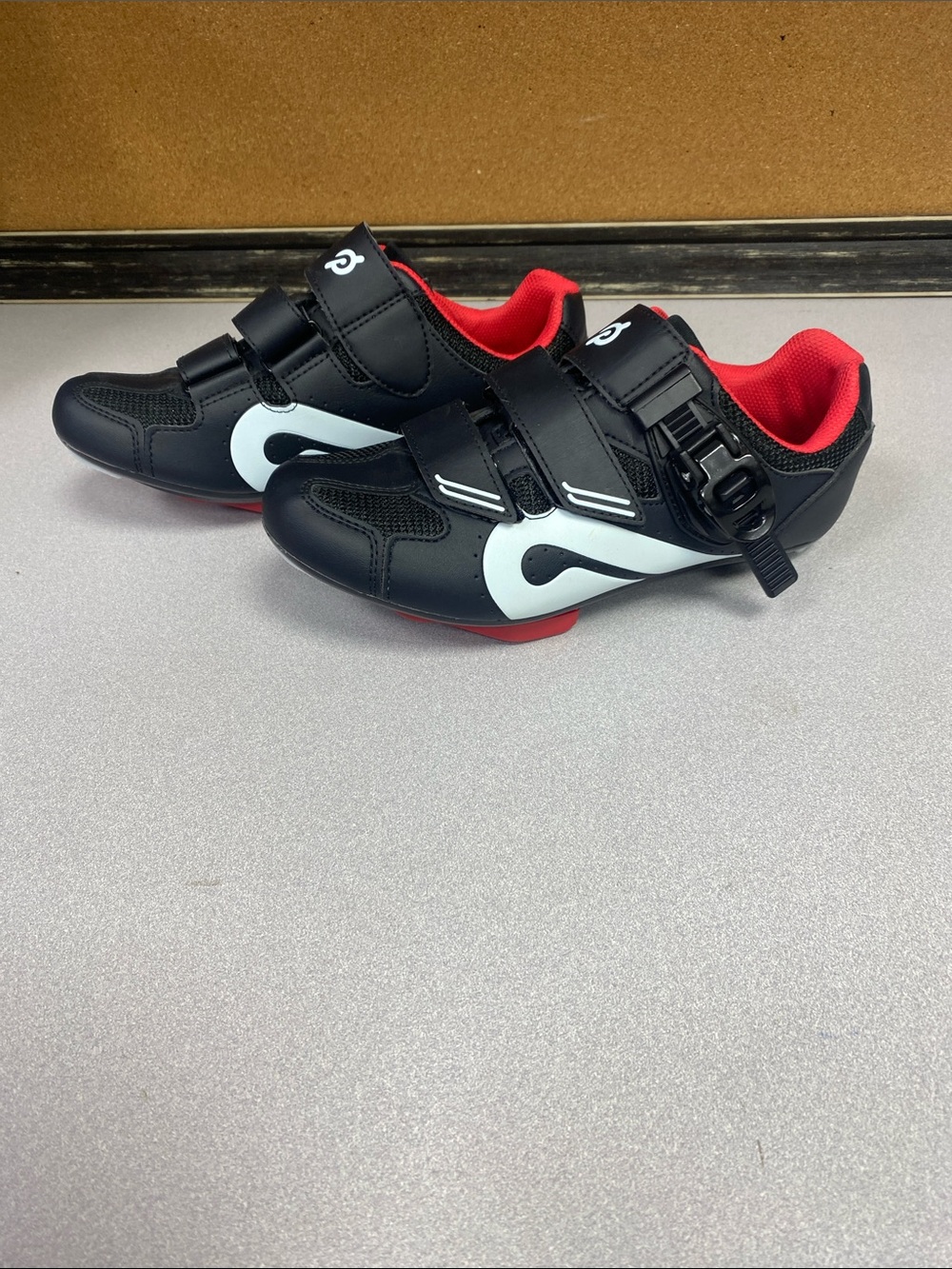 Peloton Black and White Cycling Shoes with Red Cleat Plates